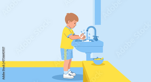 Child Performing Hygiene Action in a Washroom, Illustrative Render with Bright Color Scheme