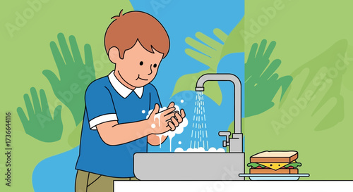 Child Washing Hands Before A Sandwich, Hygiene And Cleaning Procedure