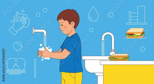Child Washing Hands Before Meal With Food on the Side, Hygiene Concept Illustration