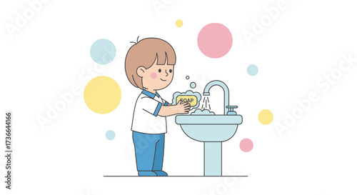 Child Washing Hands With Soap in Bathroom, Hygiene, Health And Sanitation Vector Illustration