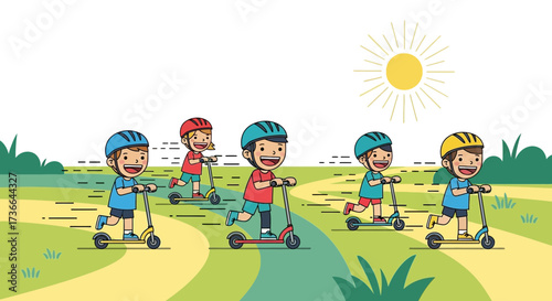 Children Group Enjoying Scooter Ride in a Park with Green Grass and Sun in the Background