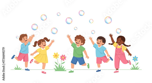 Children playing and catching bubbles in a colourful illustration, fun time