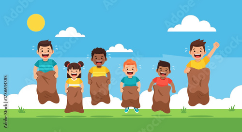 Children playing sack race game in a sunny field with blue sky and white clouds