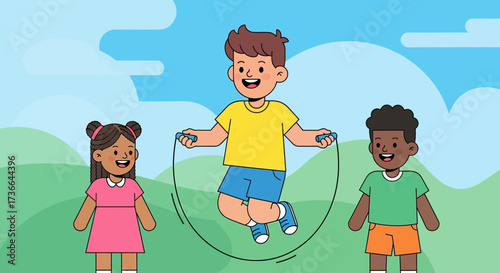 Children playing and jumping rope together in a vibrant and colorful illustration