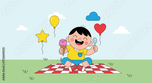 Child's Delight: Enjoying Ice Cream and Balloons On a Sunny Day Picnic