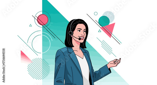 Customer service representative with a headset and geometric abstract background element