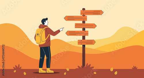 Choosing a path, a hiker looking at a signboard vector illustration design