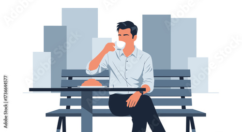 Cityscape Cafe Break: Man Enjoys Coffee Outdoors Amidst Urbane Architecture