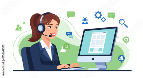 Customer service representative working on a computer providing support and assistance