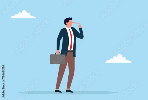 Vector illustration of a long-nosed businessman holding a briefcase and pointing to his nose, symbolizing lies, dishonesty, false promises, or deceit in business and corporate culture
