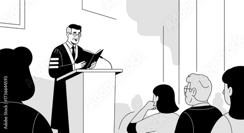 Clarity In Podium Presentation: Illustrated Judge Addressing An Audience In Monochrome