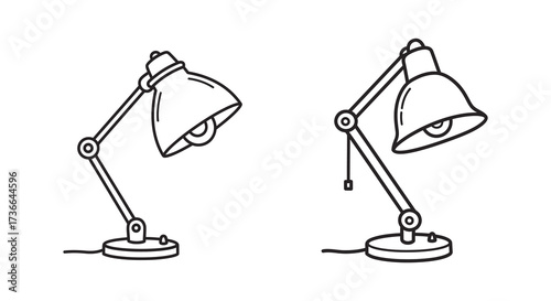 Simple black and white illustration of two adjustable desk lamps