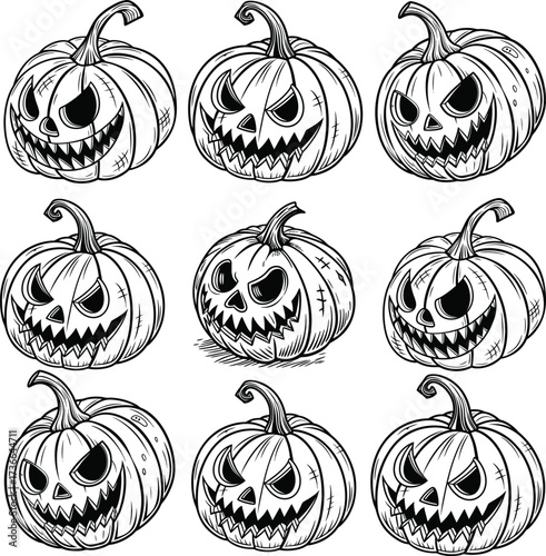Black and Set of three carved halloween pumpkins with jack-o'-lantern faces in full color, black silhouette, and line drawing style eps vector file.linear vector icons set