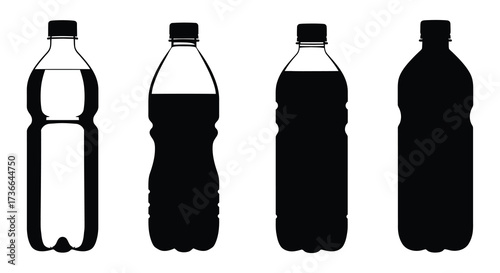 Four plastic bottles in varying shapes and fill levels shown in silhouette