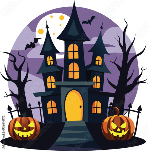 Spooky Halloween night vector illustration of a haunted castle silhouette with bats, a spooky tree, and a full moon on a dark hill