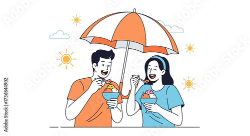 Couple Enjoying Delicious Ice Cream Under Shade During Sunny Weather