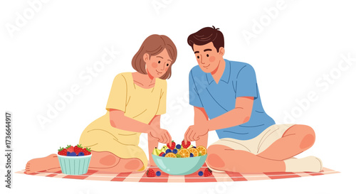 Couple Enjoying Fresh Fruits Together During a Relaxing Picnic on a Sunny Day
