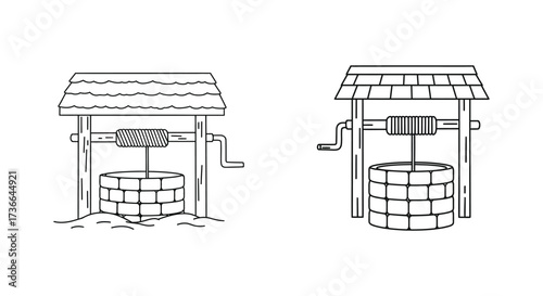 Simple black and white line drawing of two traditional water wells