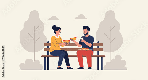 Couple Enjoying Hot Dogs At Park Bench Outdoor Eating And Casual Friendship