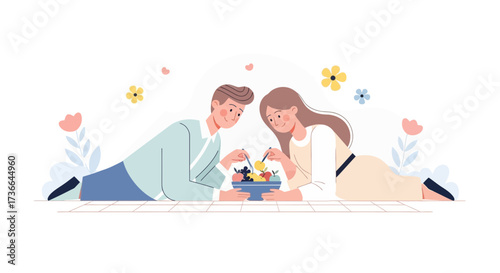 Couple Enjoying Fruits Together with Flowers, Sharing Moments of Joyful Togetherness, Friendship