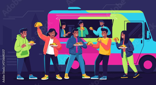 Colorful Food Truck Scene: Diverse Group Enjoying Tacos During Evening Hours