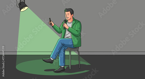 Comedian On Stage Narrating Funny Stories Under Dramatic Stage Spotlight