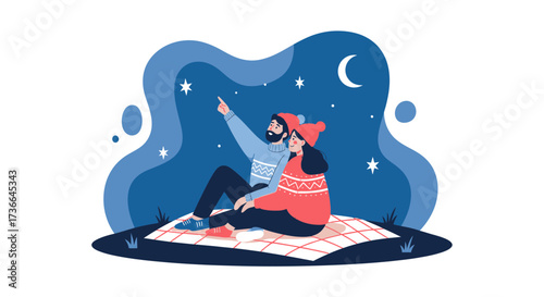 Couple enjoying stargazing under the night sky on a picnic blanket, illustration