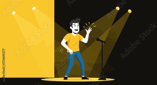 Comedian Performs On Stage Under Spotlight Enjoying Applause Presenting Stand-Up Comedy Show