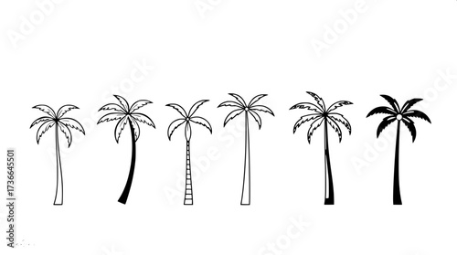 Modern minimalist poster with eight palm tree line drawings in horizontal layout. Black outlines, some solid fills, neutral cream background, clean flat design emphasizing geometry and simplicity.”