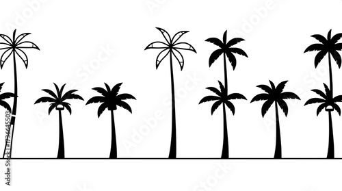 Modern minimalist poster with eight palm tree line drawings in horizontal layout. Black outlines, some solid fills, neutral cream background, clean flat design emphasizing geometry and simplicity.”