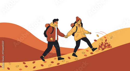 Couple hiking on a fall trail holding hands together and enjoying the outdoors