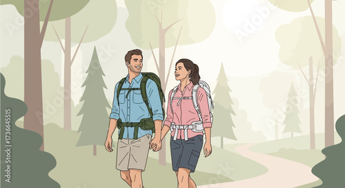 Couple hiking on a trail through a forest, enjoying the outdoors and holding hands happily
