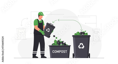 Composting Operation: A Green Worker Sorting Organic Waste Into Different Containers