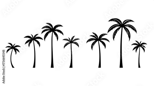 Modern minimalist poster with eight palm tree line drawings in horizontal layout. Black outlines, some solid fills, neutral cream background, clean flat design emphasizing geometry and simplicity.”