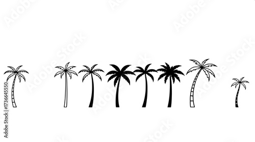 Modern minimalist poster with eight palm tree line drawings in horizontal layout. Black outlines, some solid fills, neutral cream background, clean flat design emphasizing geometry and simplicity.”