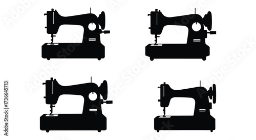 Four black silhouettes of vintage sewing machines arranged in a grid pattern