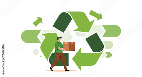 Concept of Recycling and Eco-Friendly Delivery with a Courier Carrying Box