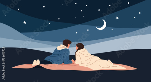 Couple Observing The Night Sky While Covered Under A Blanket On A Hillside Scene