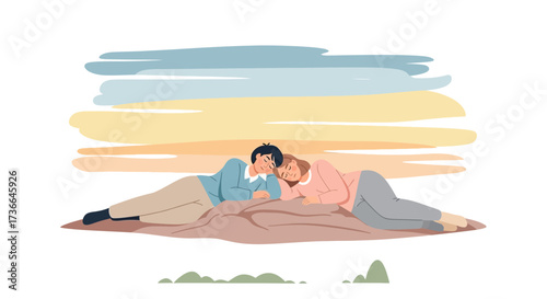 Couple Relaxing Together During A Beautiful Sunset  Embracing The Soft Evening Glow