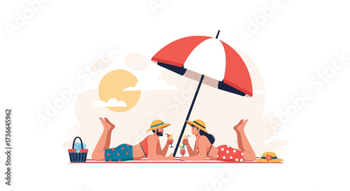 Couple Relaxing Under Umbrella, Enjoying Sun, Beach Day, Cocktails, Vector Illustration