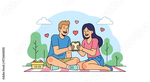 Couple Sharing Picnic, Demonstrating Happiness, Love, and Affection During Sunny Day