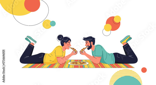 Couple Sharing Pizza Picnic, Colorful Illustration Depicting Joyful Romantic Activities