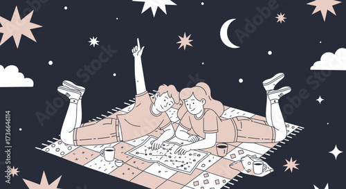 Couple Stargazing Under A Dark Night Sky Analyzing A Constellation Chart Plan