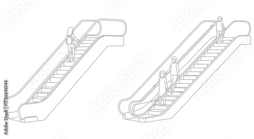 Two escalators depicted in a simple line drawing style people ascending