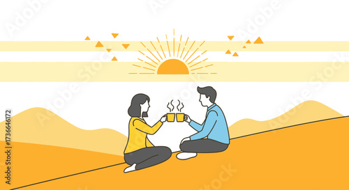 Couple Toasting Coffee Mugs At Sunrise Over Silhouette Mountains With Simple Artistic Style