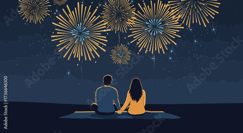 Couple watching fireworks during a celebration, romantic night, event illustration