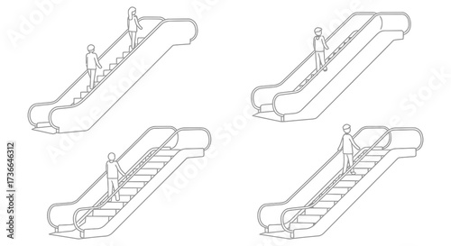 Line art depiction of multiple escalators in various perspectives