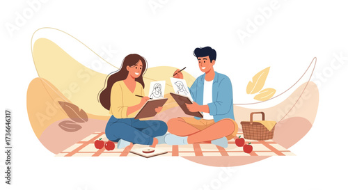 Couple's Artistic Endeavor: Sketching Portraits On A Picnic, Enjoying The Creative Process