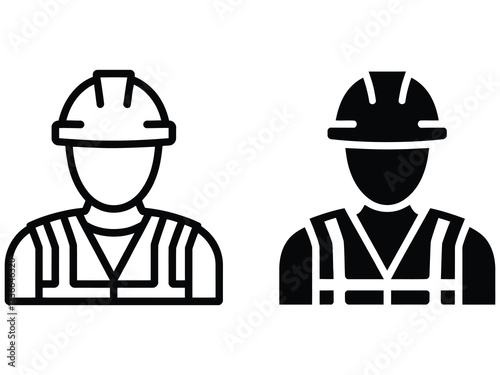 Two vector icons of a construction worker wearing a safety helmet and vest in monochrome