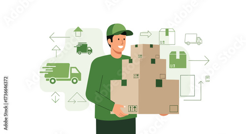 Courier Holding Packages, Illustrating Delivery, Shipping, and Transportation Services